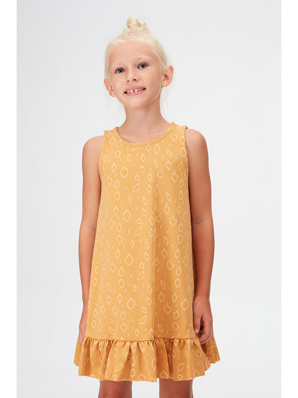 Sarı Hardal Damla Desen Kız Çocuk Fırfırlı Çan Etekli Elbise-2