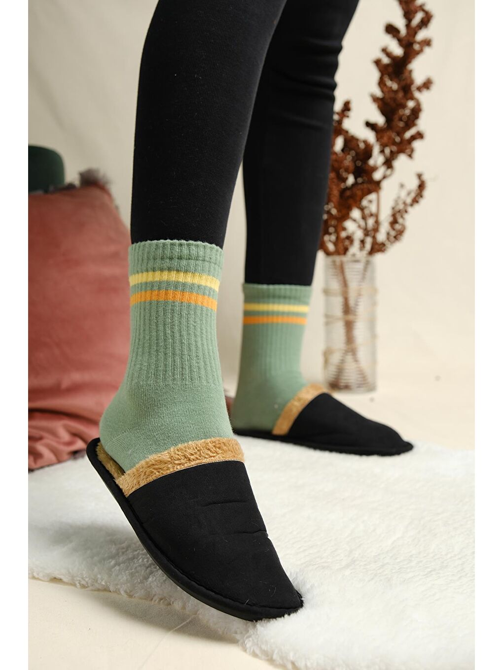 Siyah Mija Pofuduk Ev Terliği Ses Yapmaz Taban Yıkanabilir Kışlık Ev Terliği Misafir Terliği-4