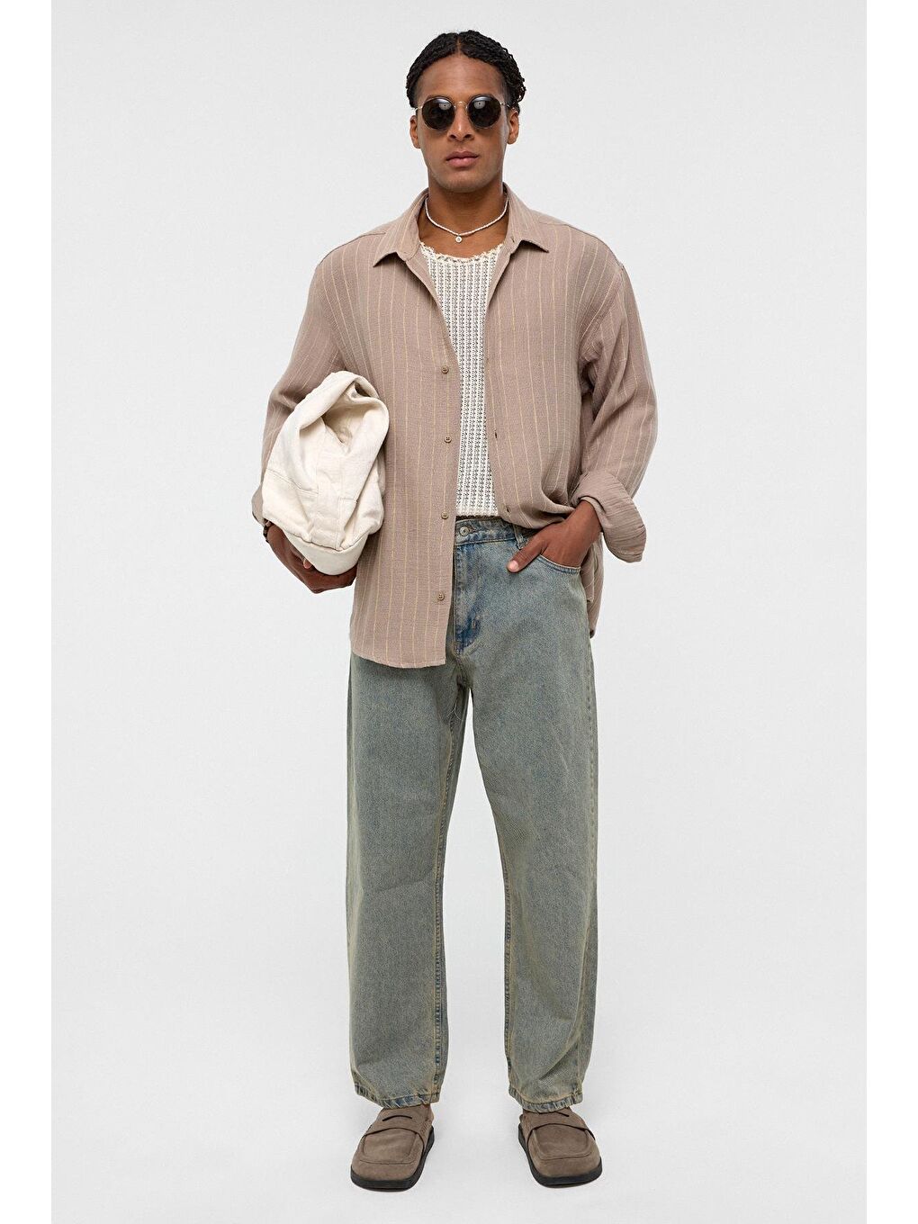 Çizgili Oversize Müslin Keten Gömlek Bej
