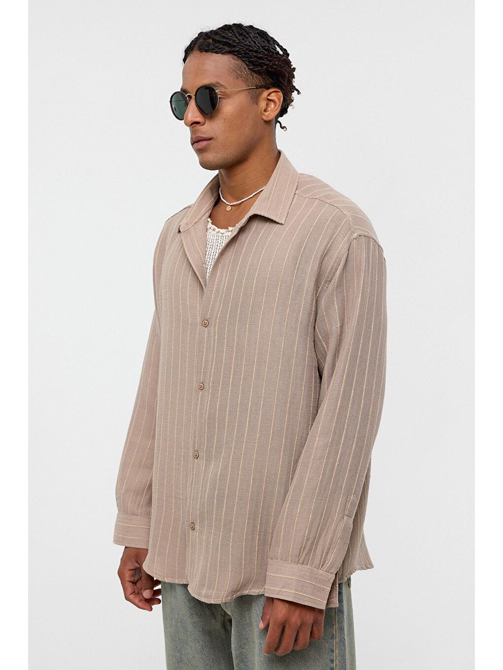 Çizgili Oversize Müslin Keten Gömlek Bej-3