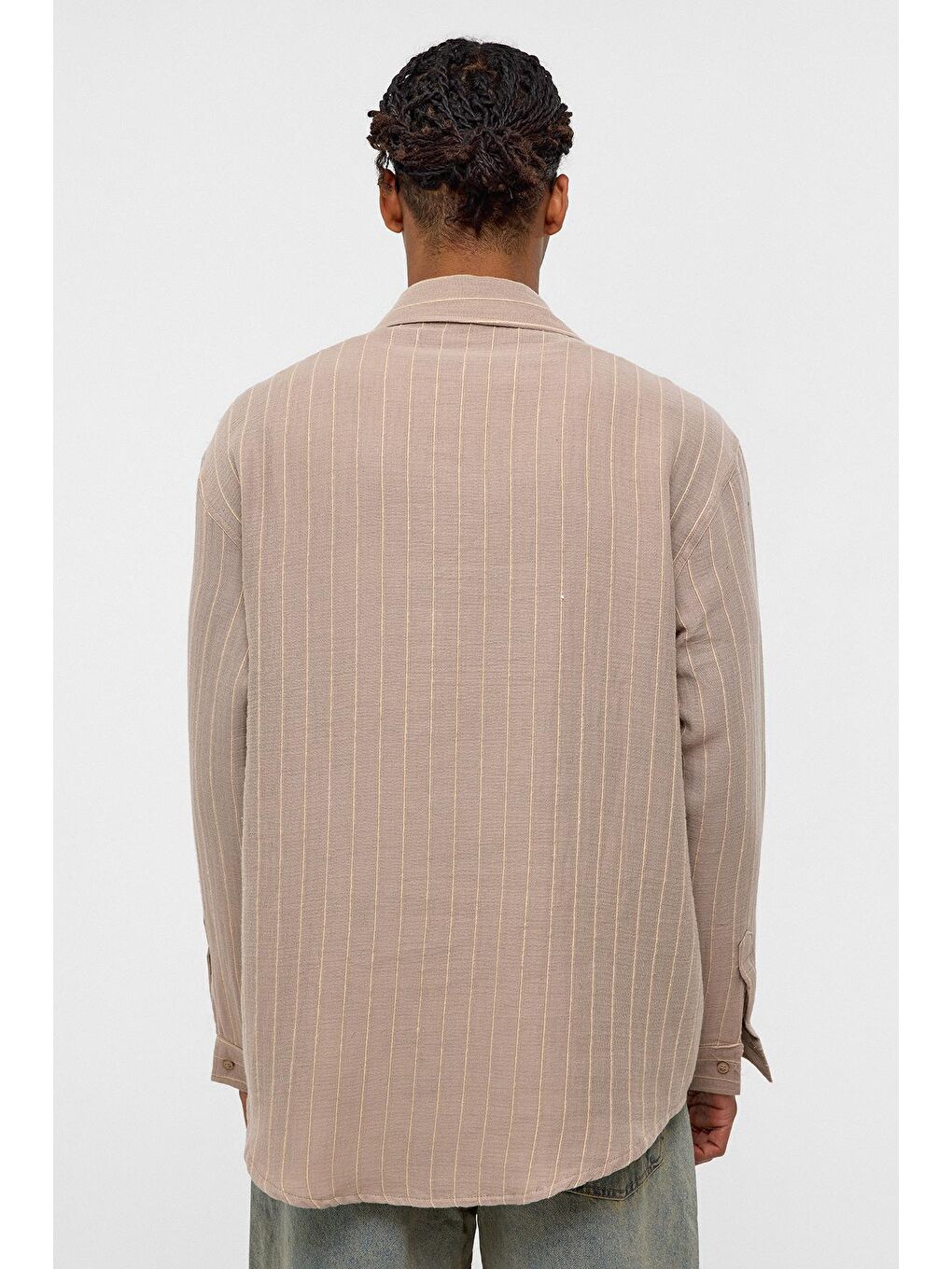 Çizgili Oversize Müslin Keten Gömlek Bej-4