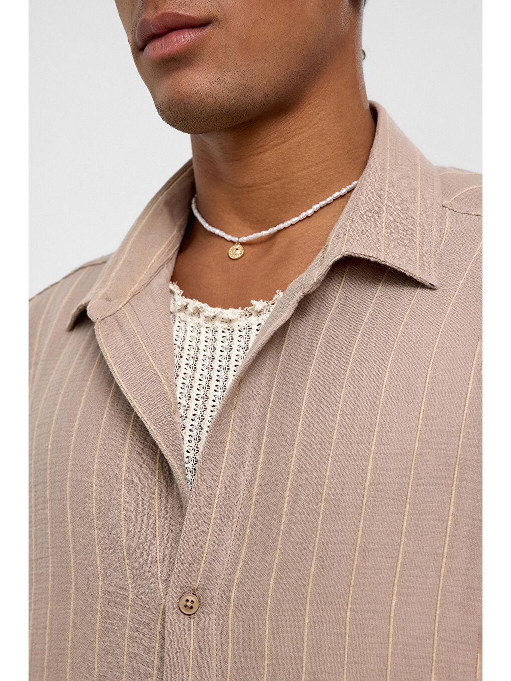 Çizgili Oversize Müslin Keten Gömlek Bej-5