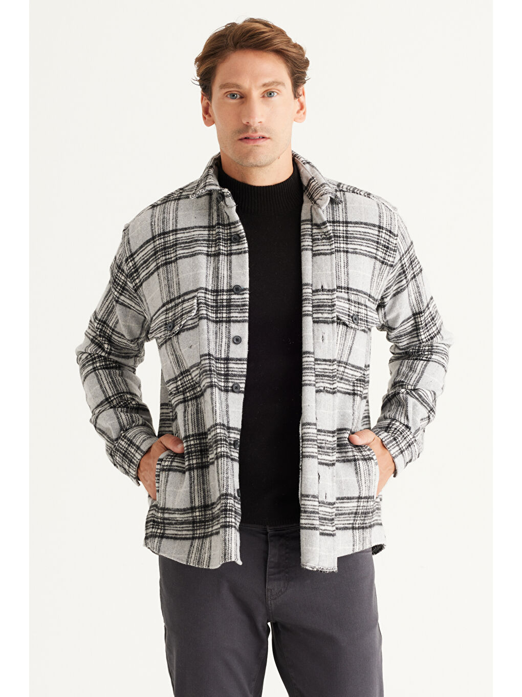 Erkek Gri Oversize Fit Geniş Kesim Düğmeli Yaka Ekose Gömlek Ceket