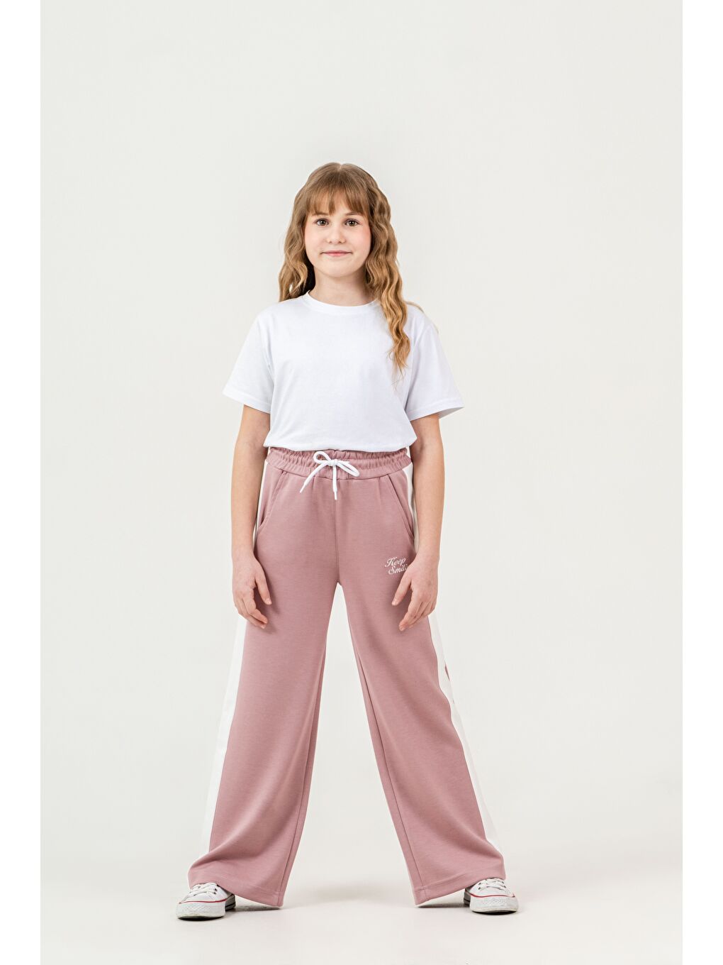 Pembe Keep Smiling Nakışlı Yanlar Garnili Kız Çocuk Eşofman Altı