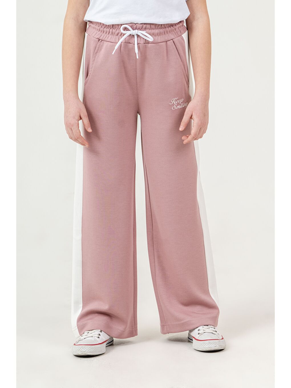 Pembe Keep Smiling Nakışlı Yanlar Garnili Kız Çocuk Eşofman Altı-1