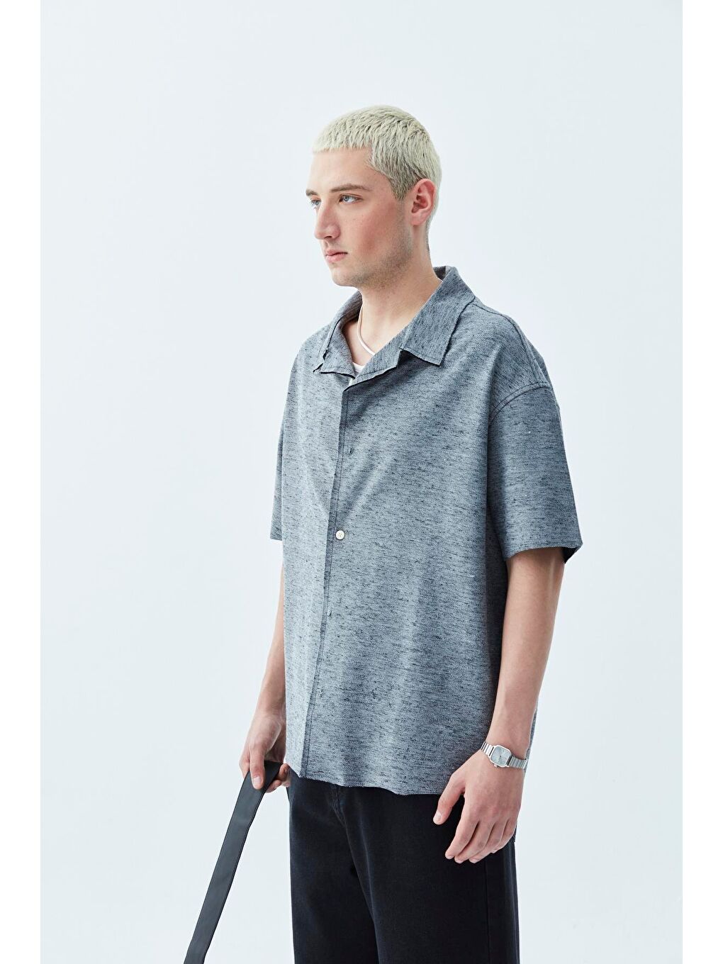 Oversize Keten Gömlek Siyah-4