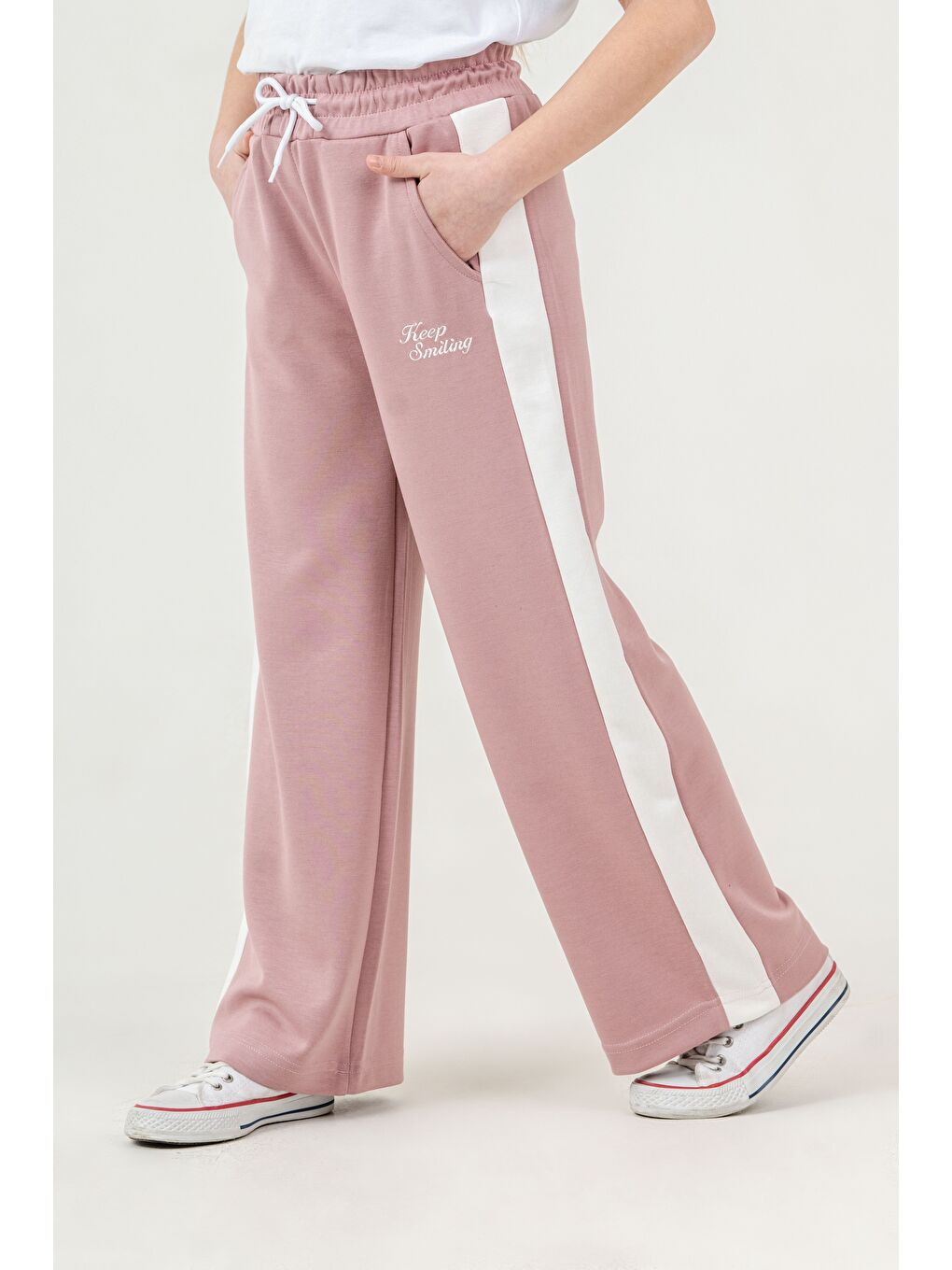 Pembe Keep Smiling Nakışlı Yanlar Garnili Kız Çocuk Eşofman Altı-2