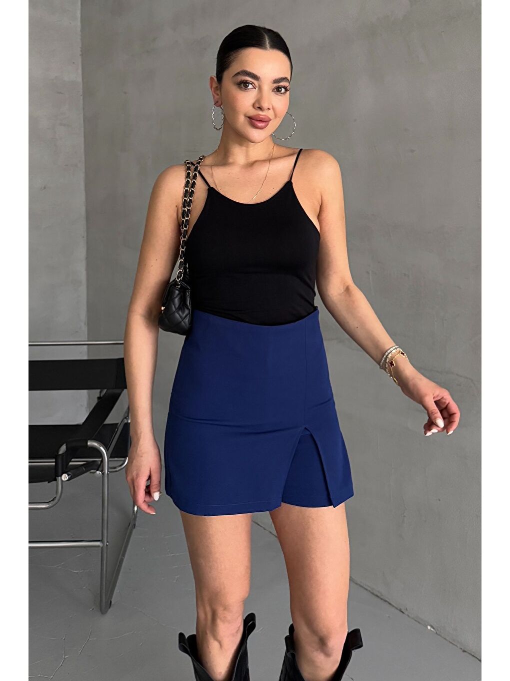 Mavi Kadın Yırtmaç Detaylı Kısa Şort Etek-2