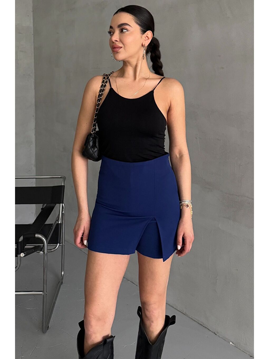 Mavi Kadın Yırtmaç Detaylı Kısa Şort Etek-3