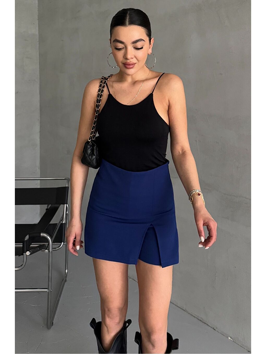Mavi Kadın Yırtmaç Detaylı Kısa Şort Etek-4