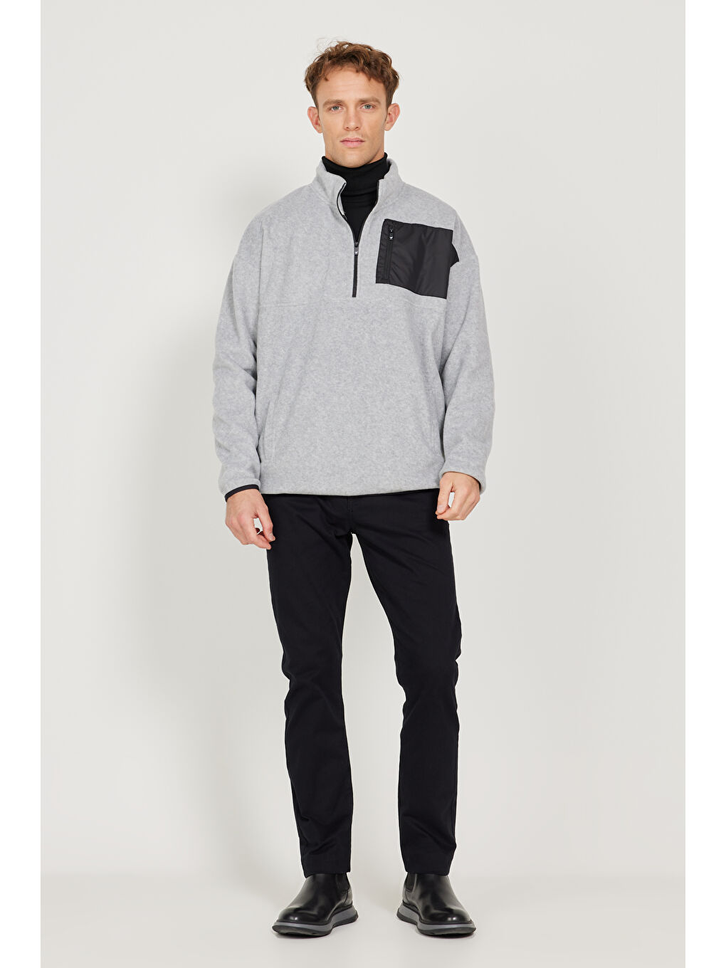 Erkek Gri Melanj Oversize Bol Kesim Bato Yaka Cep Detaylı Fermuarlı Soğuk Geçirmez Polar Sweatshirt-1