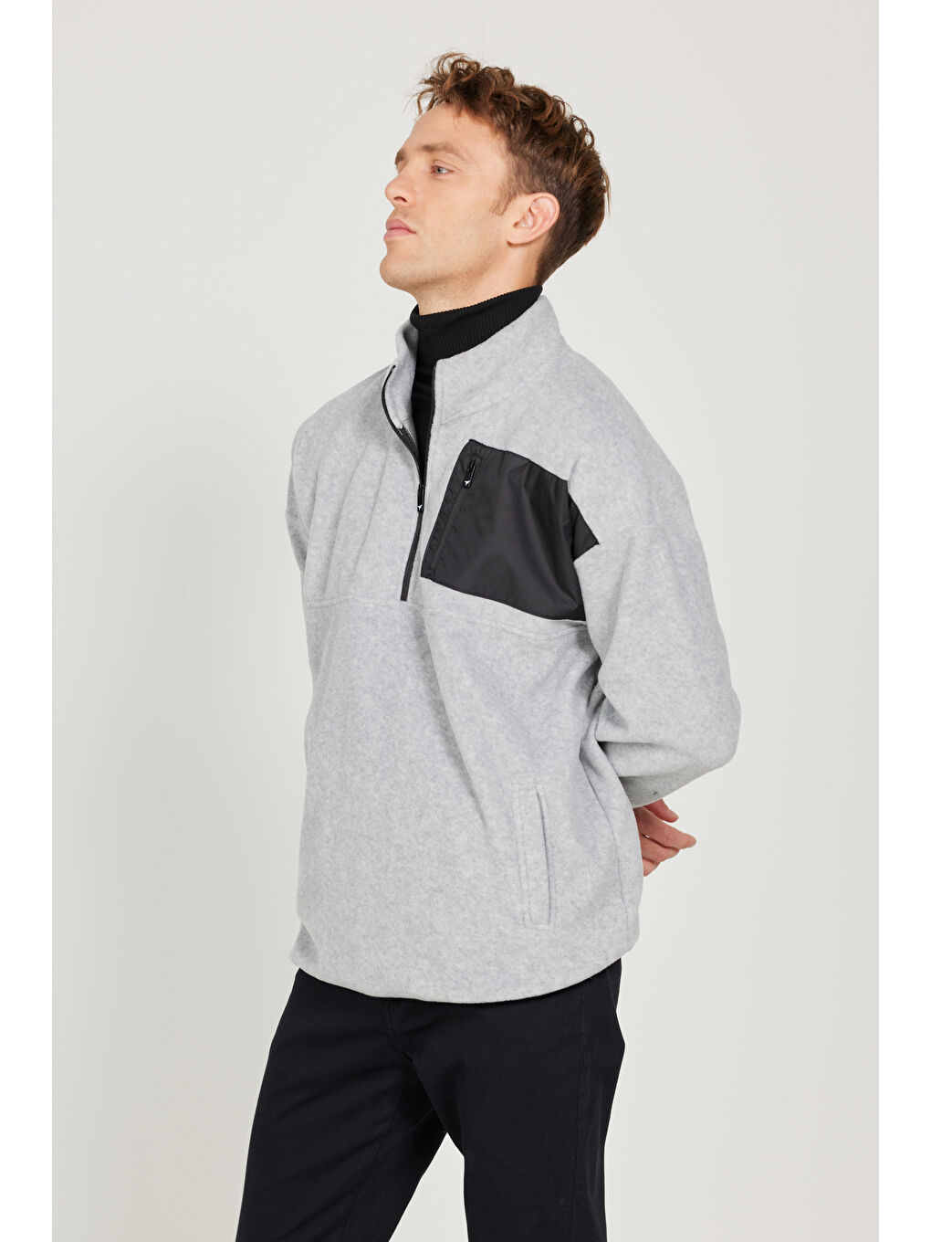 Erkek Gri Melanj Oversize Bol Kesim Bato Yaka Cep Detaylı Fermuarlı Soğuk Geçirmez Polar Sweatshirt-2