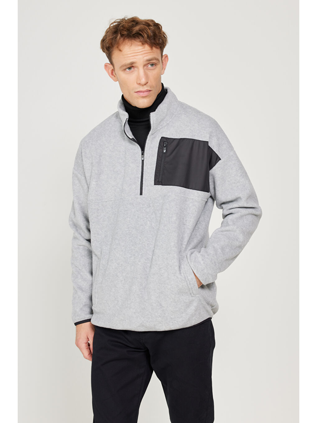 Erkek Gri Melanj Oversize Bol Kesim Bato Yaka Cep Detaylı Fermuarlı Soğuk Geçirmez Polar Sweatshirt-3