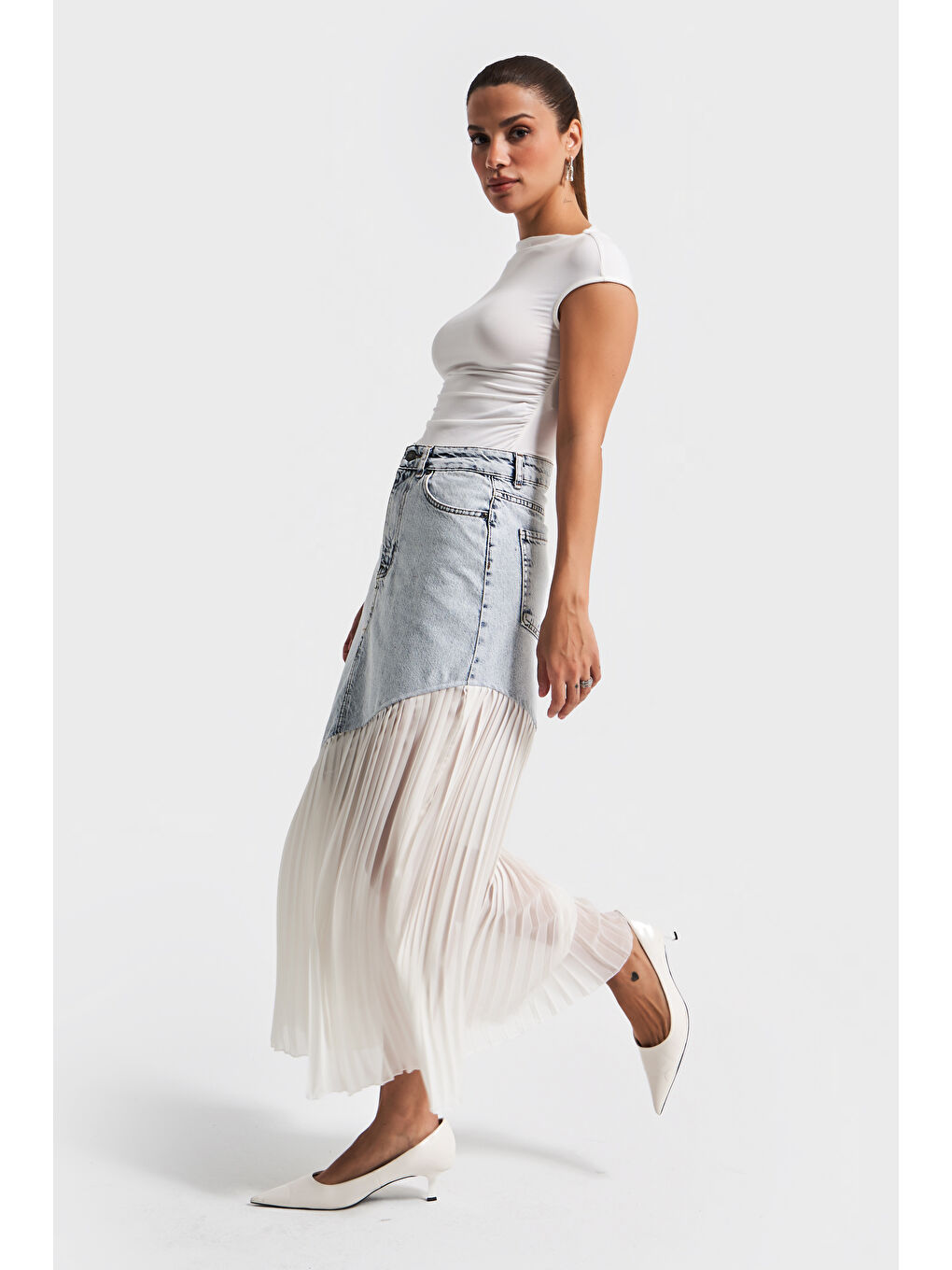 Mavi Kadın Jean Rengi 3s5-3 Denim Kumaş Parça Pileli Maxi Boy %100 Pamuk Tasarım Denim Etek-1