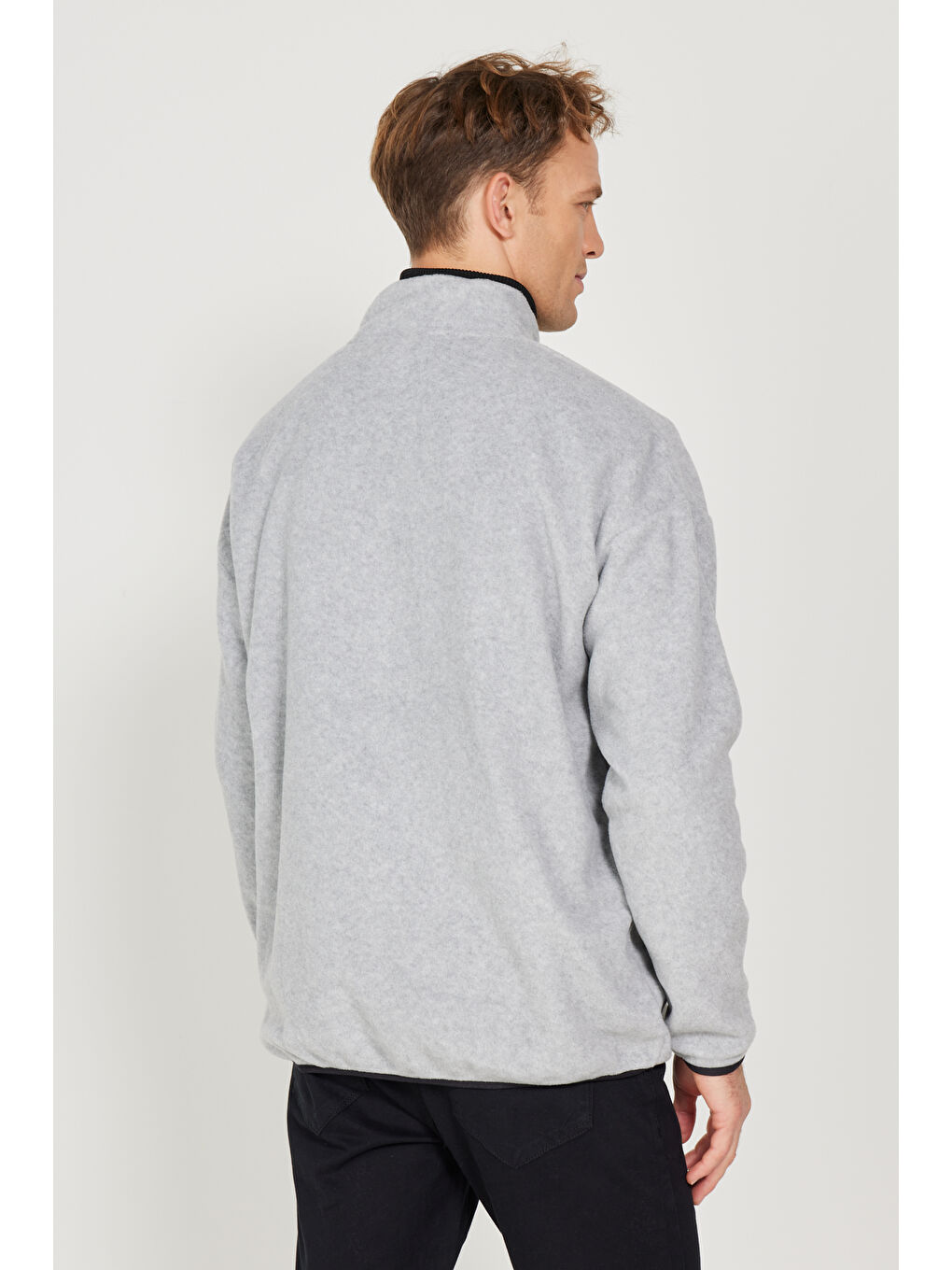 Erkek Gri Melanj Oversize Bol Kesim Bato Yaka Cep Detaylı Fermuarlı Soğuk Geçirmez Polar Sweatshirt-5