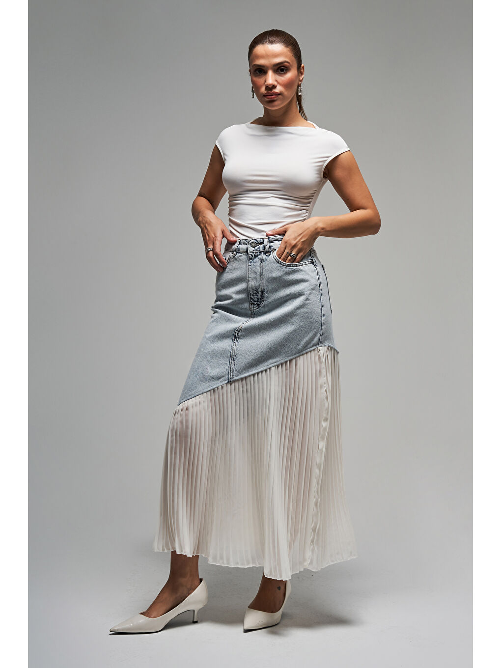 Mavi Kadın Jean Rengi 3s5-3 Denim Kumaş Parça Pileli Maxi Boy %100 Pamuk Tasarım Denim Etek-2