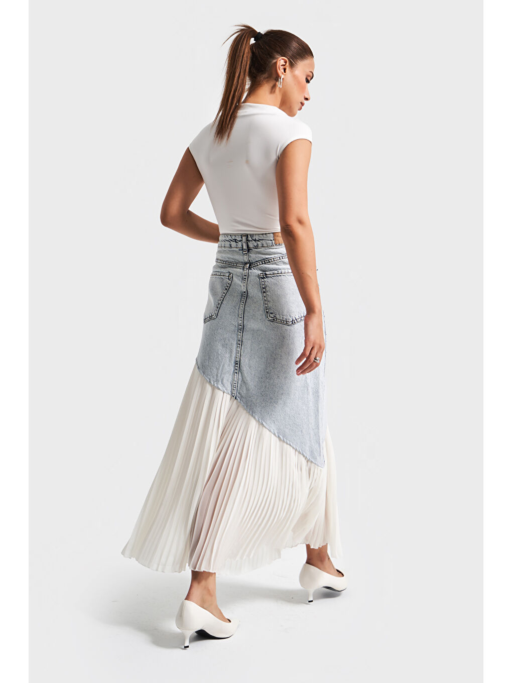 Mavi Kadın Jean Rengi 3s5-3 Denim Kumaş Parça Pileli Maxi Boy %100 Pamuk Tasarım Denim Etek-3