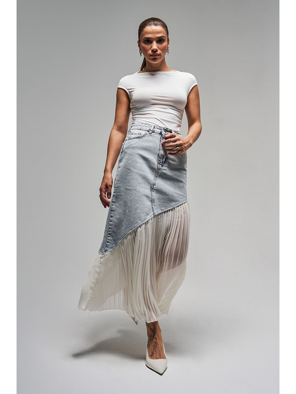 Mavi Kadın Jean Rengi 3s5-3 Denim Kumaş Parça Pileli Maxi Boy %100 Pamuk Tasarım Denim Etek-4