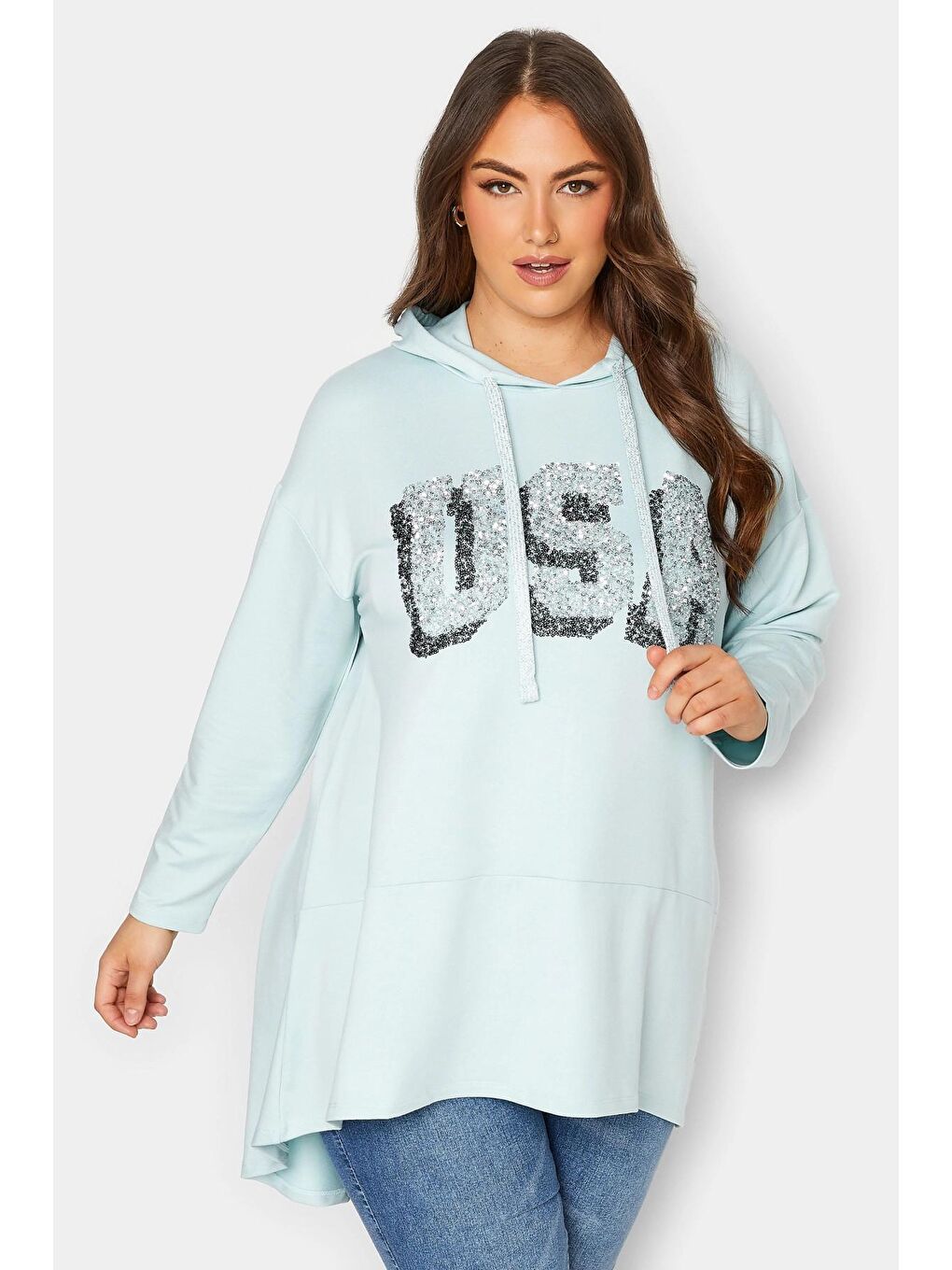 Stil Diva Koyu Mint Yeşili Büyük Beden Kapüşonlu Payet Detaylı Uzun Kollu Sweatshirt 301769