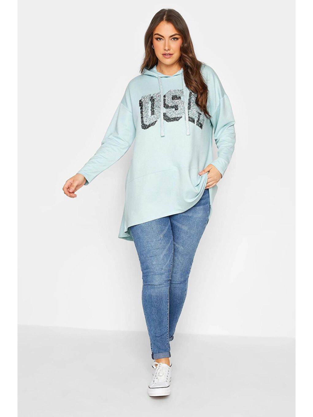 Stil Diva Koyu Mint Yeşili Büyük Beden Kapüşonlu Payet Detaylı Uzun Kollu Sweatshirt 301769 - 1