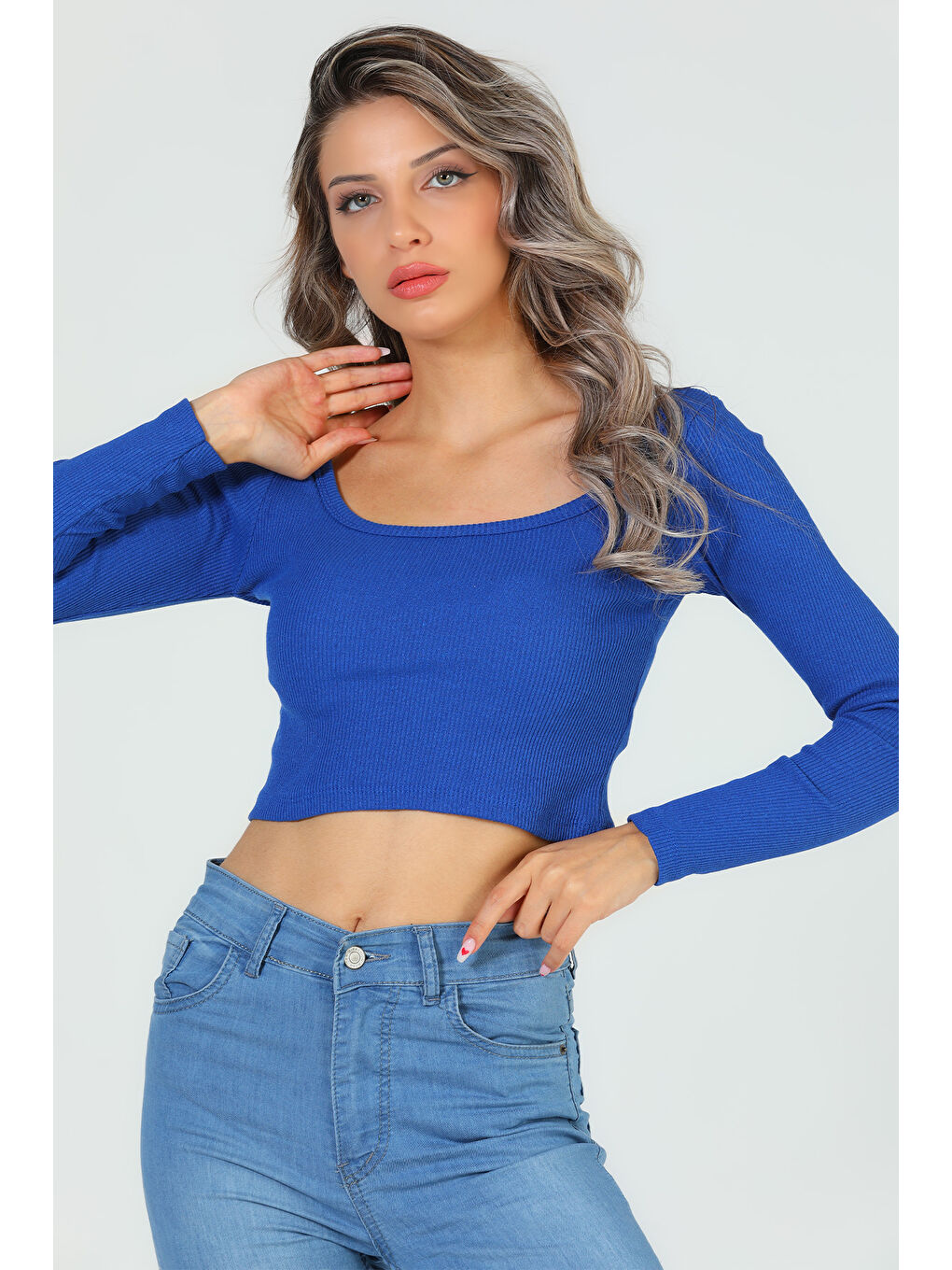 GÜLSELİ Mavi Kadın Kare Yaka Kaşkorse Crop Body Bluz