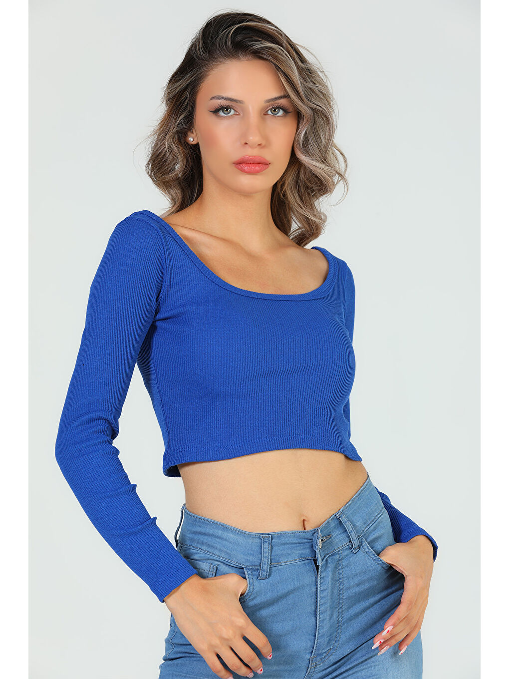 GÜLSELİ Mavi Kadın Kare Yaka Kaşkorse Crop Body Bluz - 1