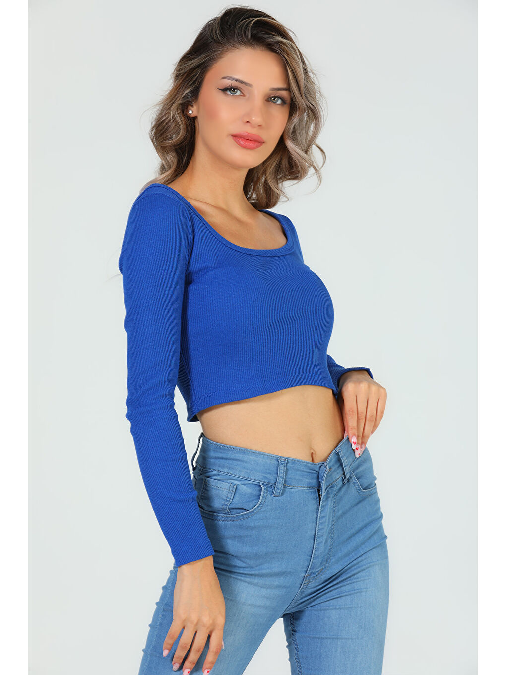 GÜLSELİ Mavi Kadın Kare Yaka Kaşkorse Crop Body Bluz - 2