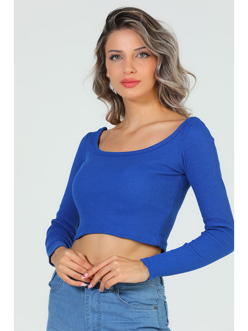 GÜLSELİ Mavi Kadın Kare Yaka Kaşkorse Crop Body Bluz - 3