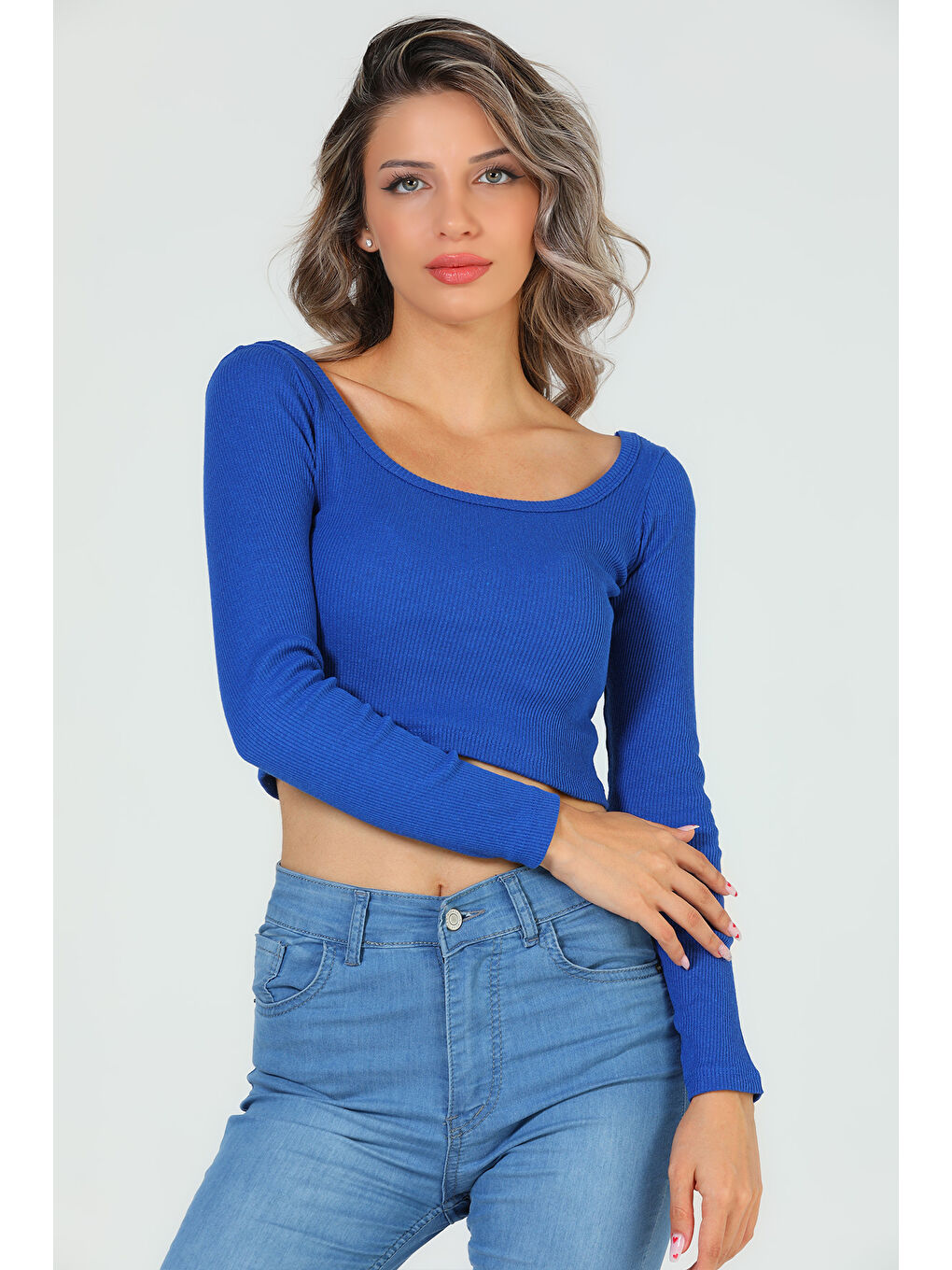 GÜLSELİ Mavi Kadın Kare Yaka Kaşkorse Crop Body Bluz - 4