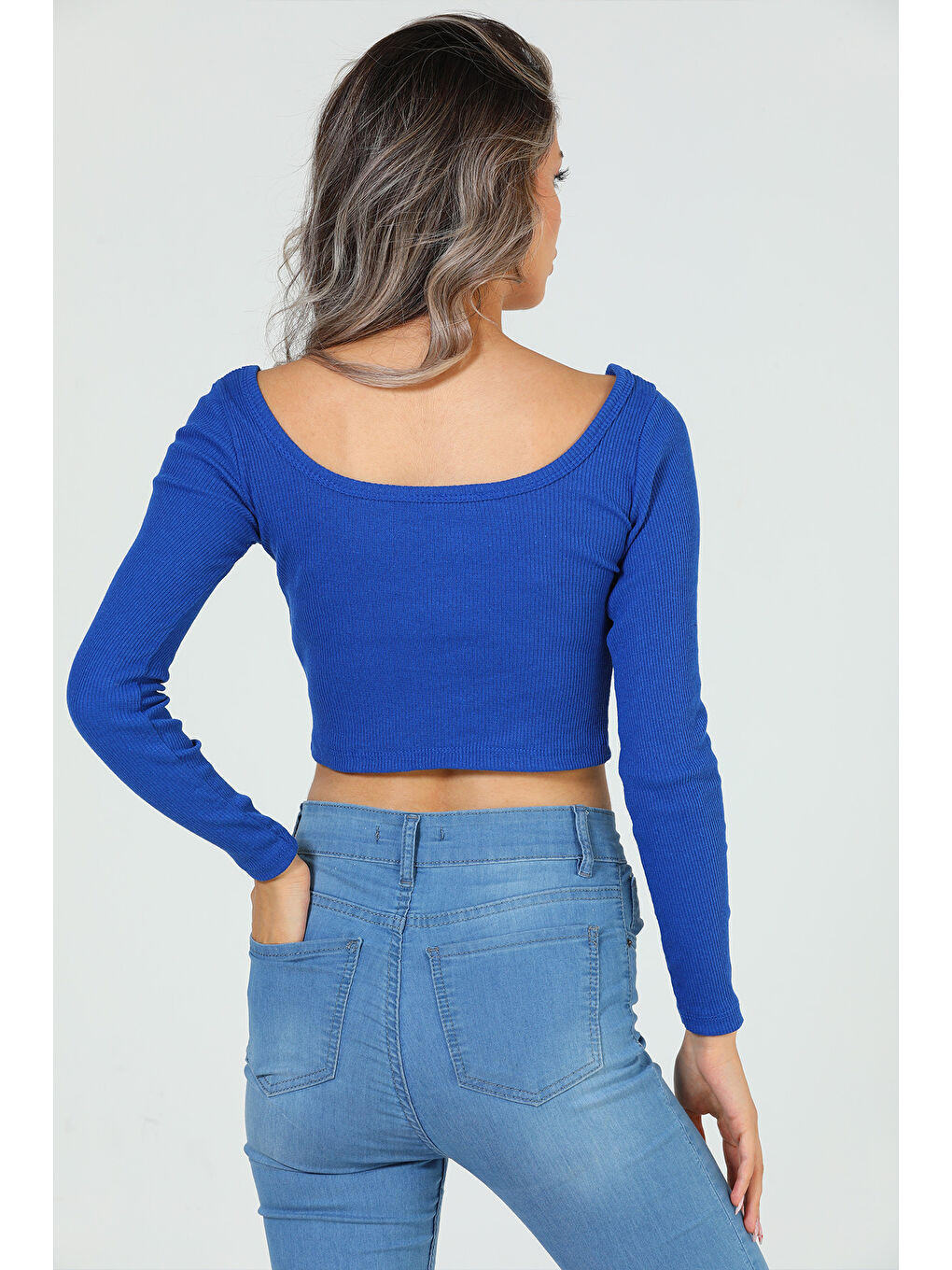 GÜLSELİ Mavi Kadın Kare Yaka Kaşkorse Crop Body Bluz - 7