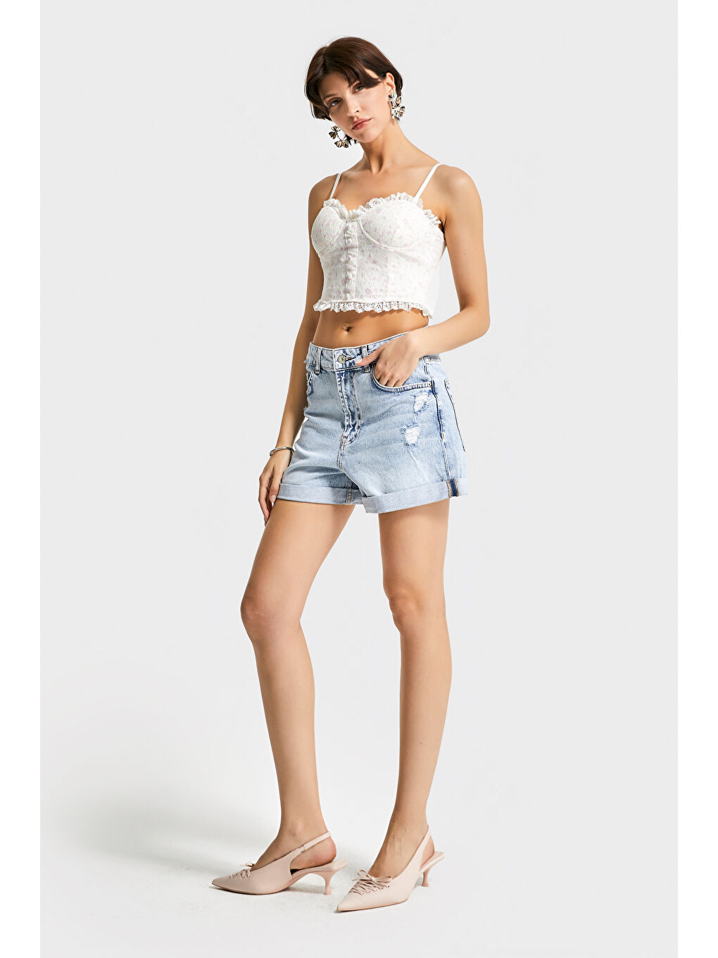 Mavi Kadın Snow Jean Rengi 12s5-3 Midi Boy Yırtık Detaylı Duble Paça %100 Pamuk Denim Şort-1