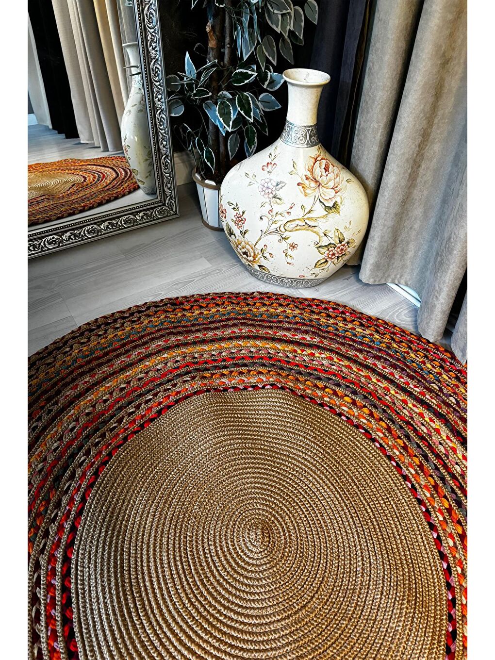 Bej Natural Jüt Halı El Dokuma Hasır Yolluk Bohem Jüt Kilim HMFJUT407 90 x 90 cm-2