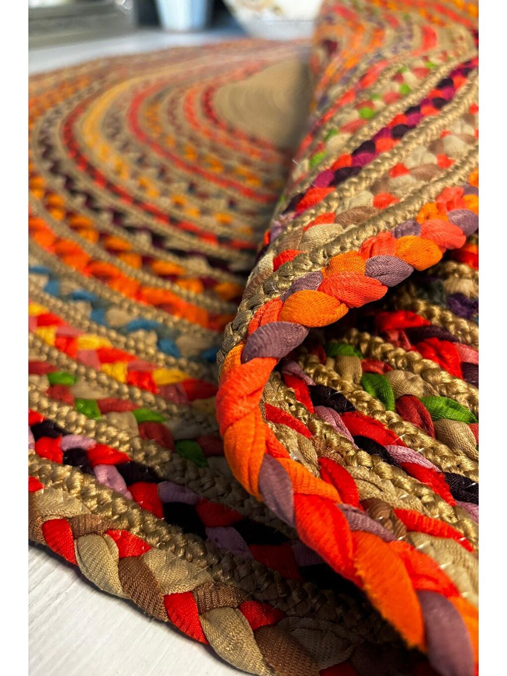 Bej Natural Jüt Halı El Dokuma Hasır Yolluk Bohem Jüt Kilim HMFJUT407 90 x 90 cm-4