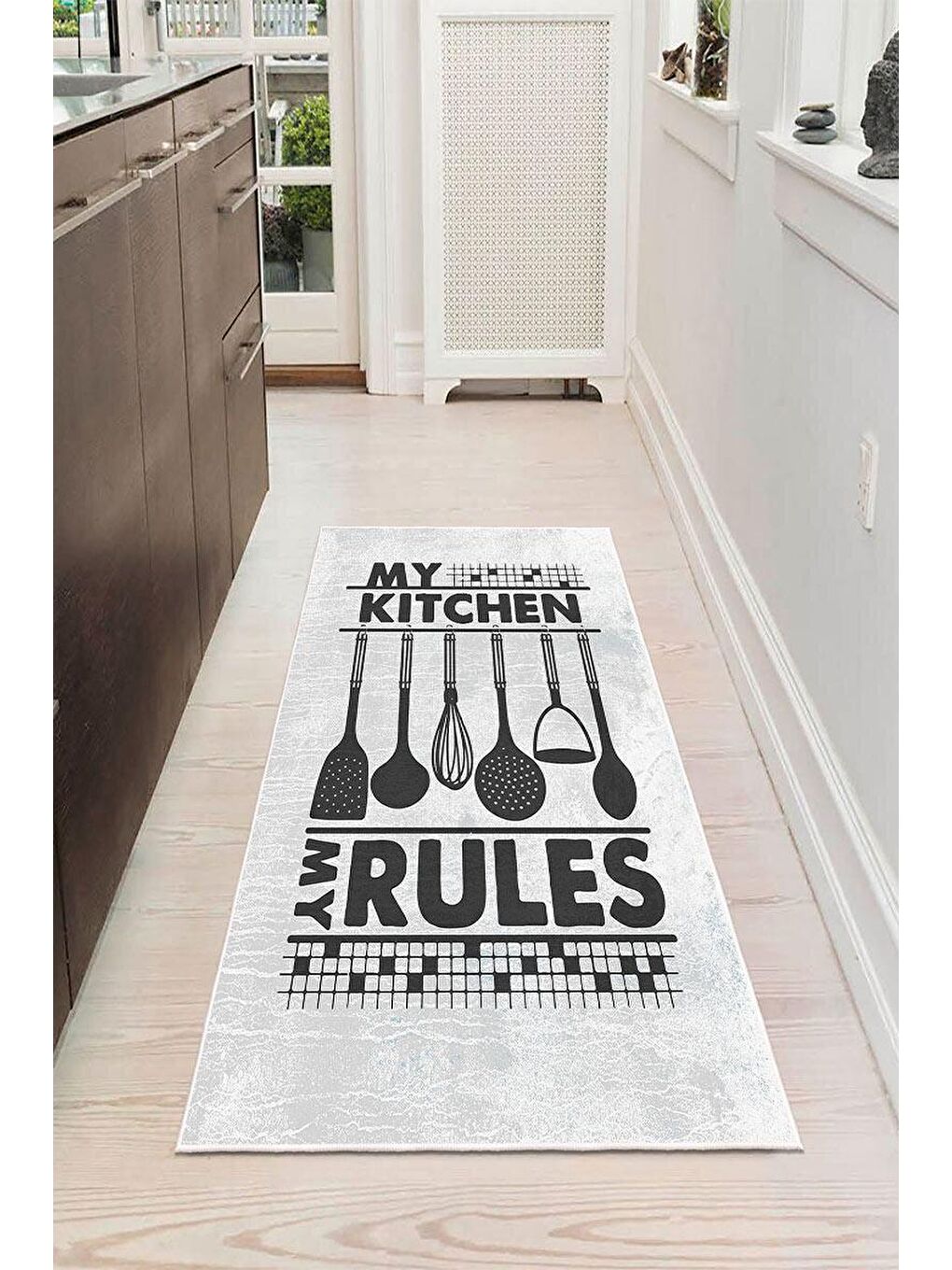 Beyaz Premium Kalite, Pamuk ve Kaydırmaz Taban, Yıkanabilir, Mutfak Halısı  120 x 180 cm-1