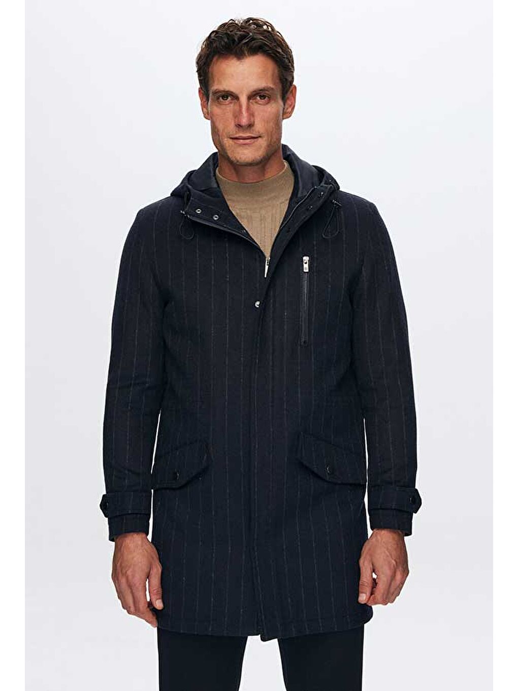 Regular Fit Lacivert Çizgili Yünlü Kapüşonlu Kaşe Kaban