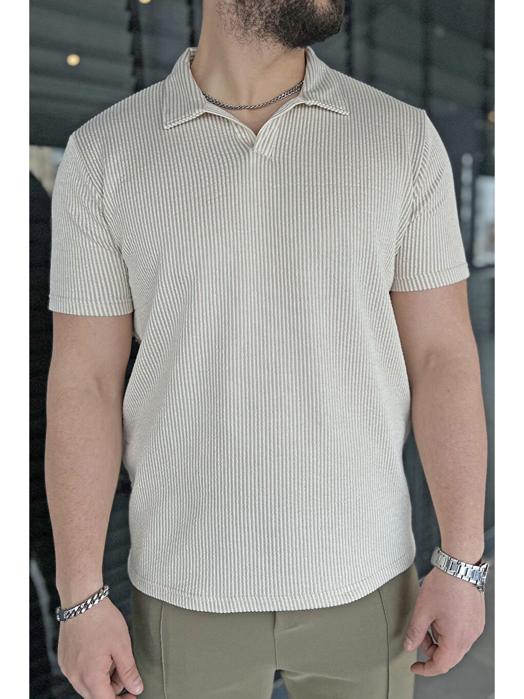 Bej Erkek Polo Yaka Çizgi Desenli Elastanlı Tişört-2