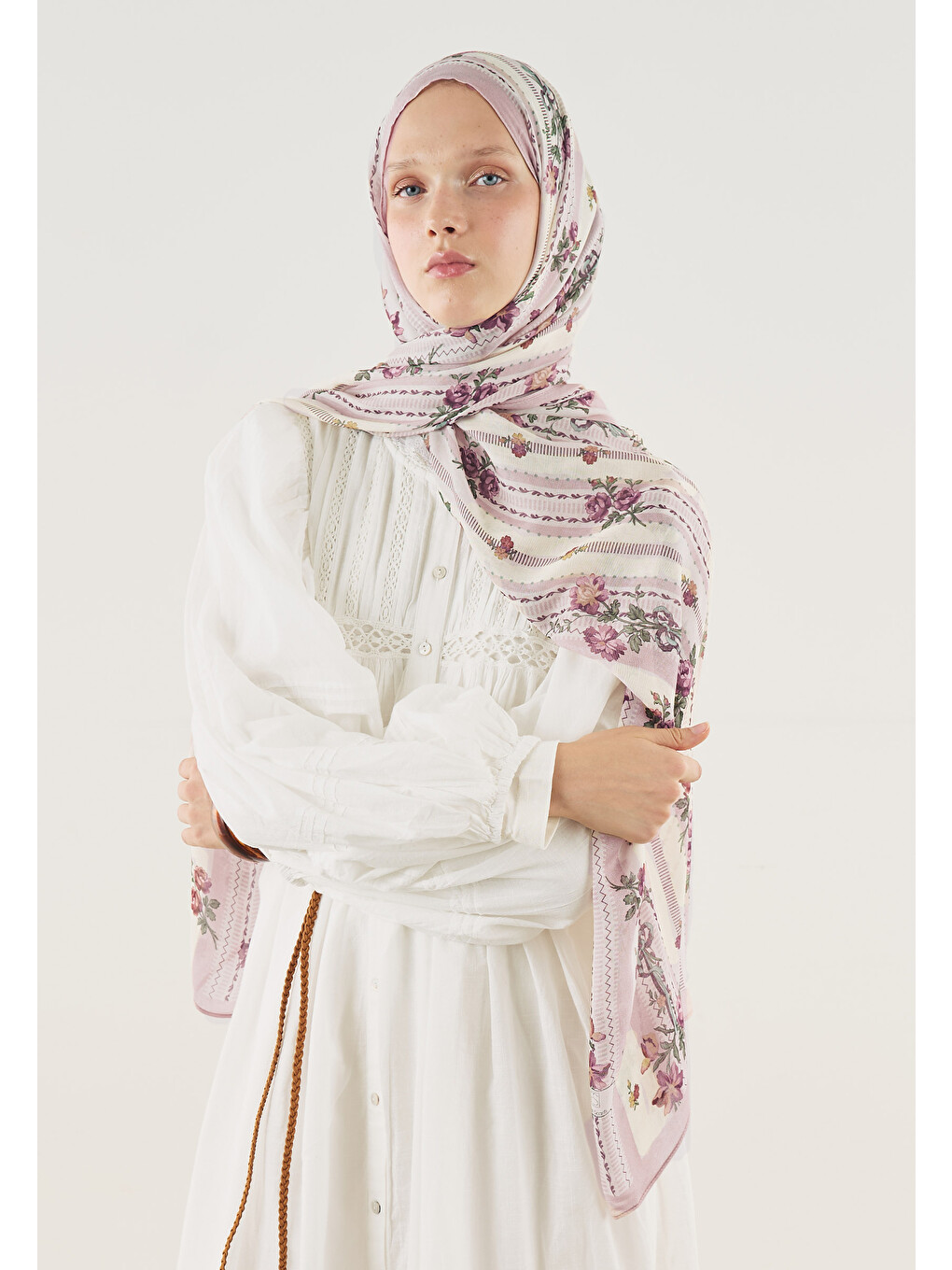 Pembe Floral Touch Desen Soft Viskon Şal Pudra-2