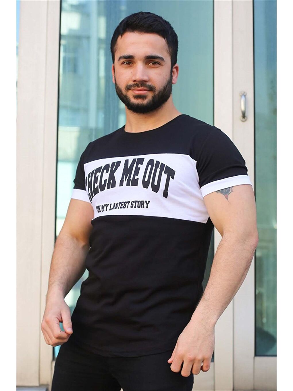 Baskı Detaylı Siyah Tişört 3013-1