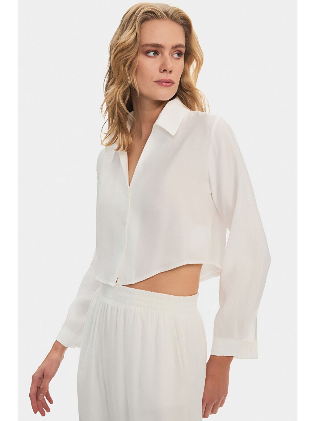 Beyaz Kadın Modal Karışımlı Gömlek Pantolon Takım-4