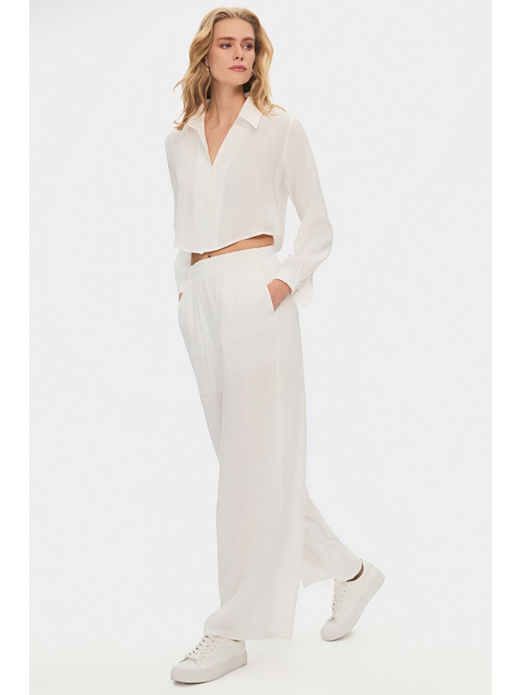 Beyaz Kadın Modal Karışımlı Gömlek Pantolon Takım-5