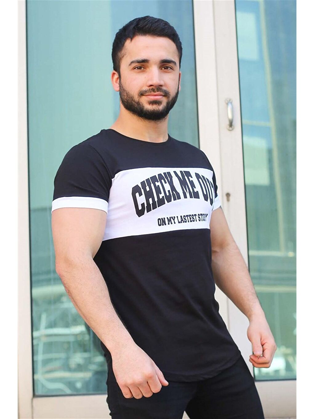 Baskı Detaylı Siyah Tişört 3013-2