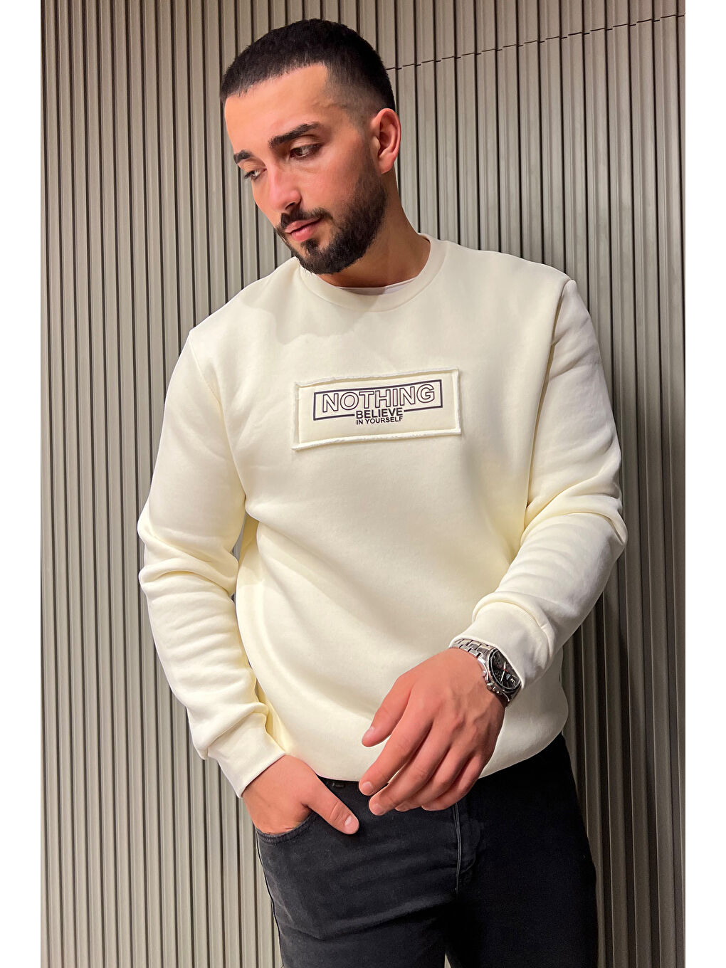 Mishar İtalia Ekru Erkek Yazı Baskılı Şardonlu Üç İplik Sweatshirt - 1