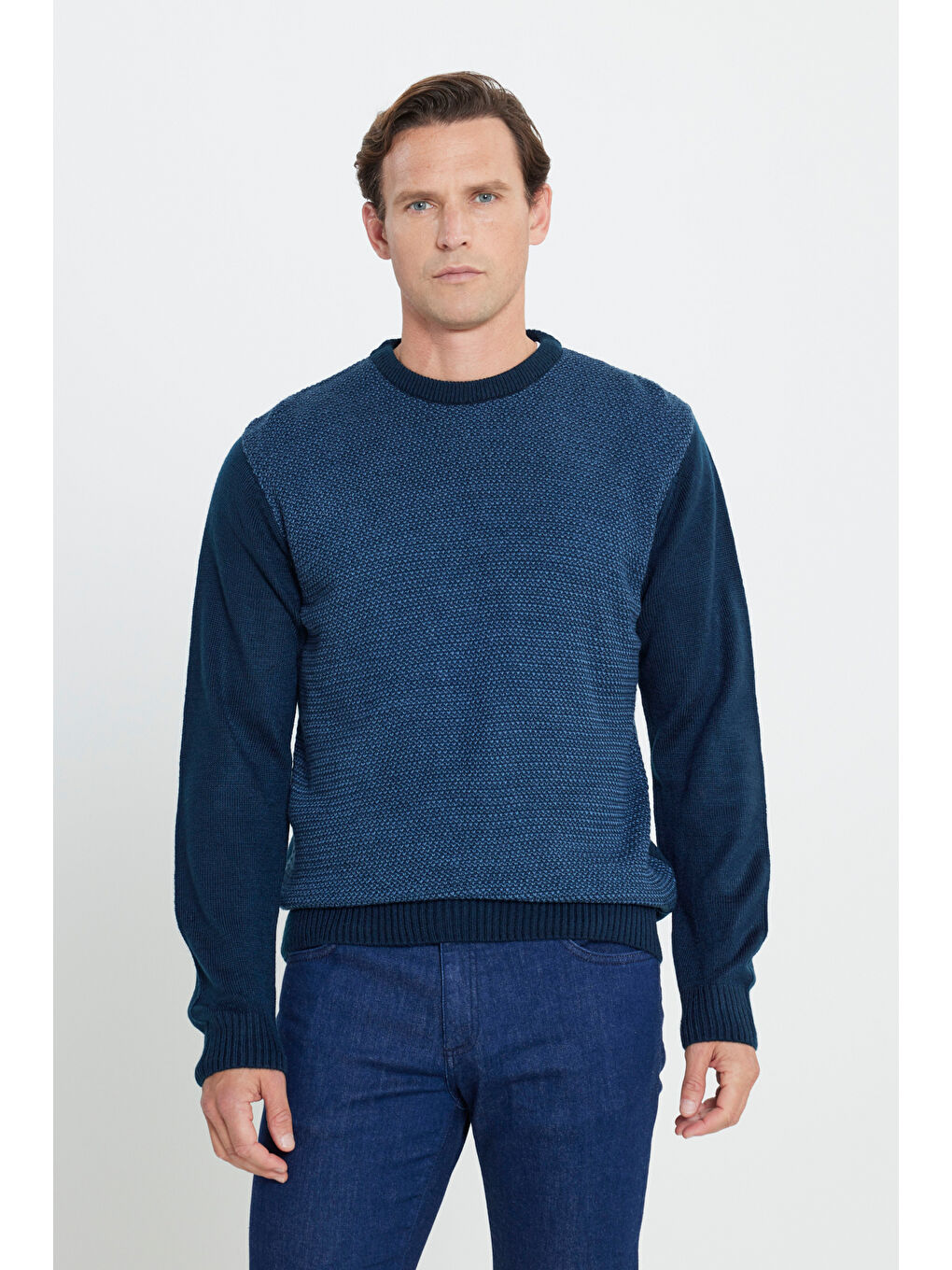 Erkek Lacivert-Mavi Standart Fit Normal Kesim Bisiklet Yaka Petek Desenli Triko