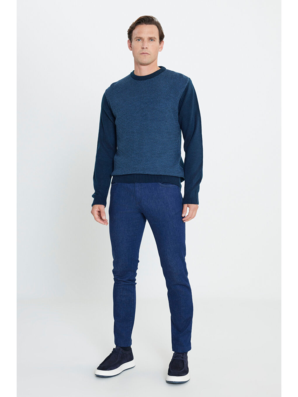 Erkek Lacivert-Mavi Standart Fit Normal Kesim Bisiklet Yaka Petek Desenli Triko-1