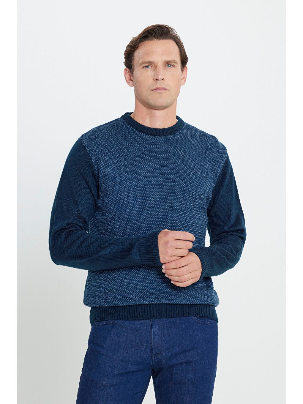 Erkek Lacivert-Mavi Standart Fit Normal Kesim Bisiklet Yaka Petek Desenli Triko-2