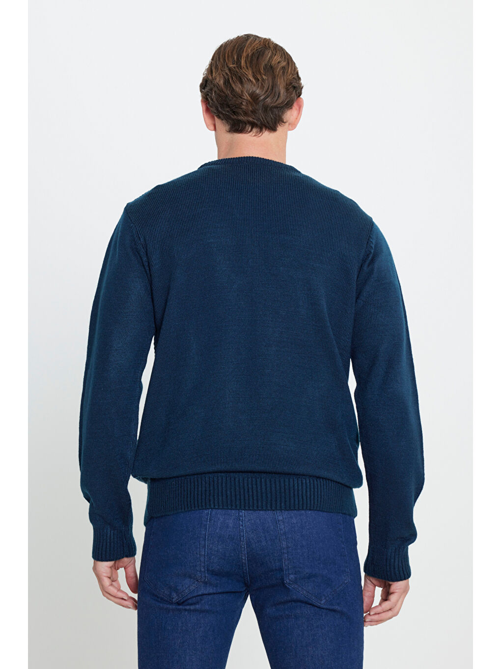 Erkek Lacivert-Mavi Standart Fit Normal Kesim Bisiklet Yaka Petek Desenli Triko-4