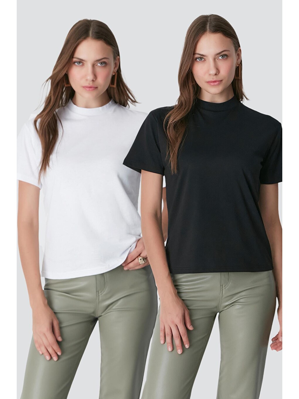 Dik Yaka Kısa Kol 2'li Basic T-Shirt 957 Siyah/Beyaz
