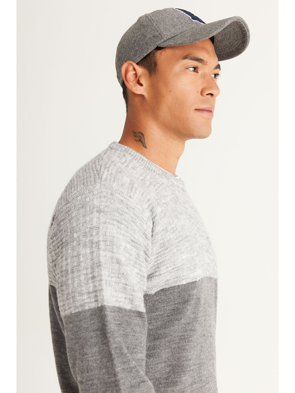 Erkek Gri Melanj Standart Fit Normal Kesim Bisiklet Yaka ColorBlok Desenli Triko-3