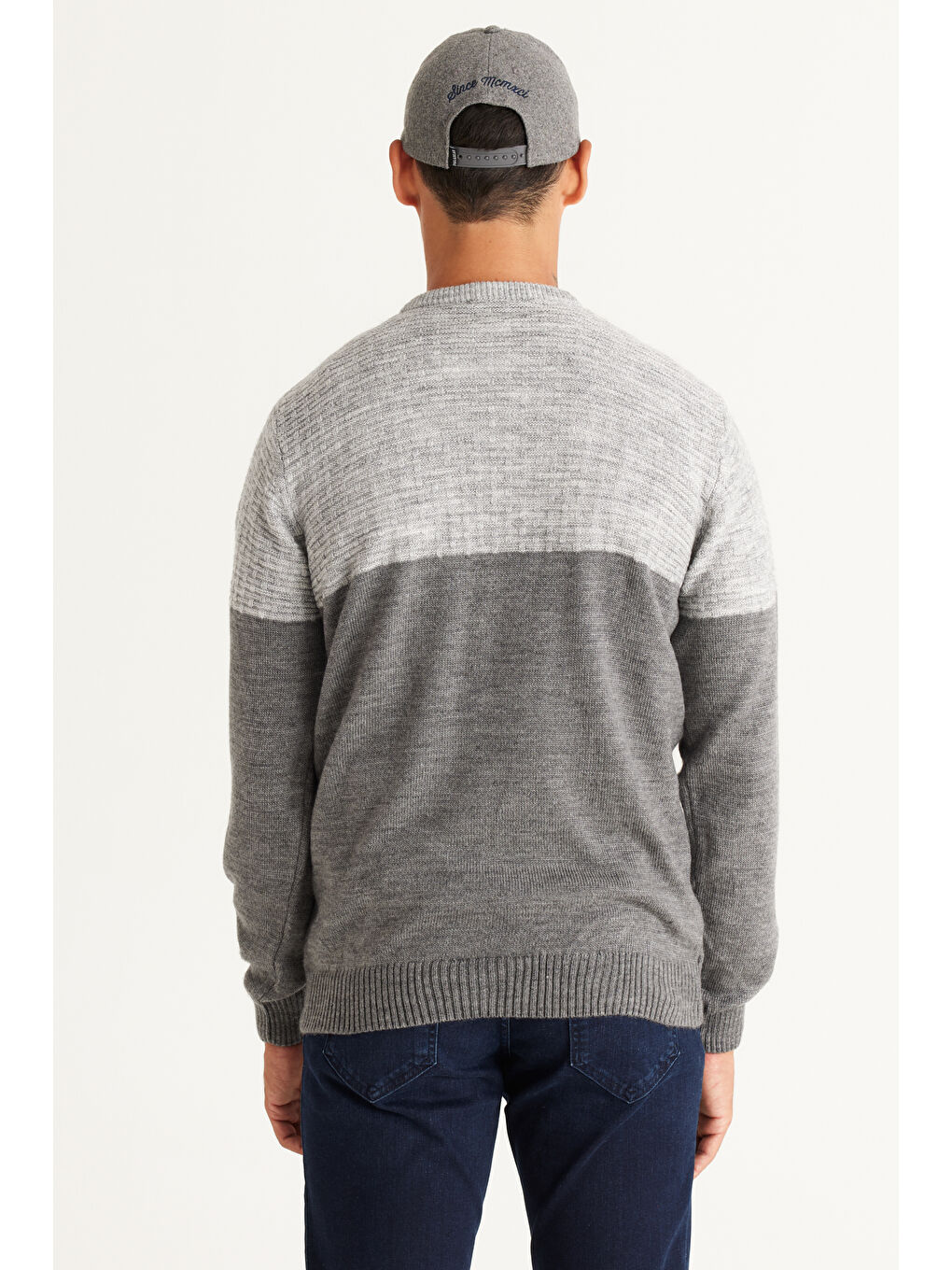 Erkek Gri Melanj Standart Fit Normal Kesim Bisiklet Yaka ColorBlok Desenli Triko-5