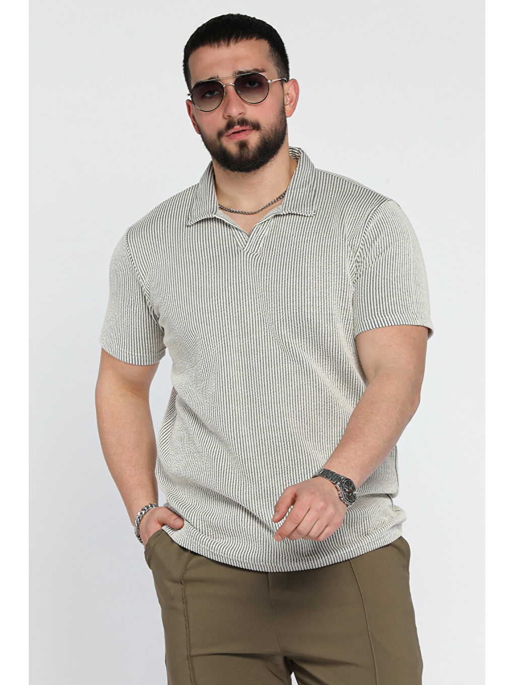 Bej Erkek Polo Yaka Çizgi Desenli Elastanlı Tişört